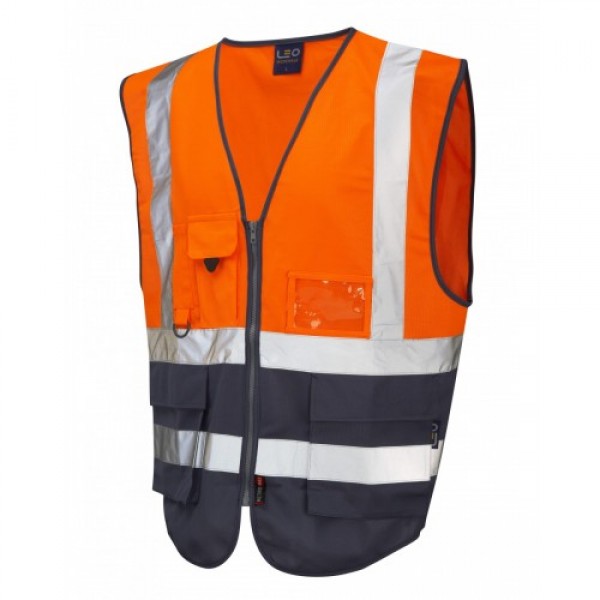 Leo Workwear Lynton Class 1 Hi Vis Orange/Navy Superior Waistcoat