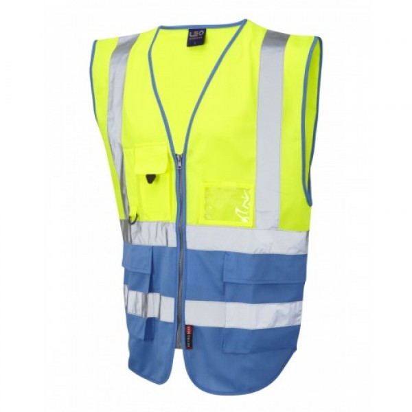 Leo Workwear Lynton Class 1 Hi Vis Yellow/Deep Sky Blue Superior Waistcoat