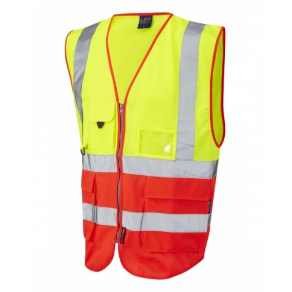 Leo Workwear Lynton Class 2 Hi Vis Yellow/Red Superior Waistcoat