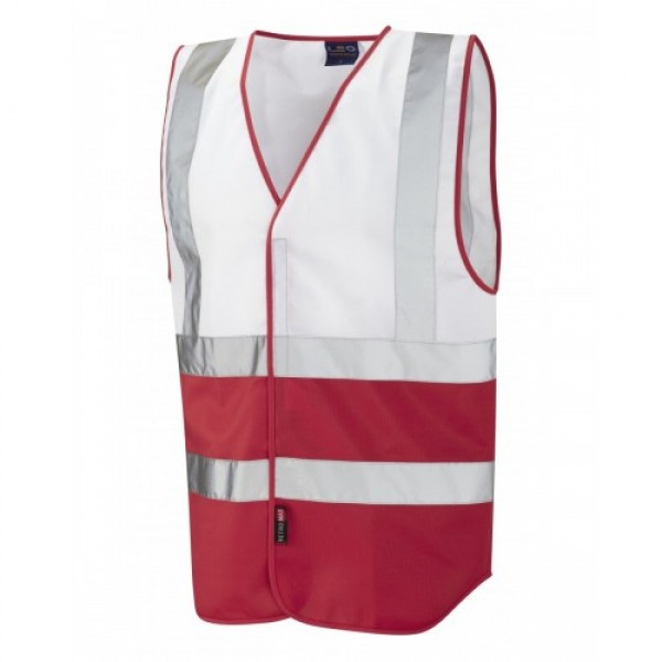 Leo Workwear Pilton White/Red Hi Vis Reflective Waistcoat