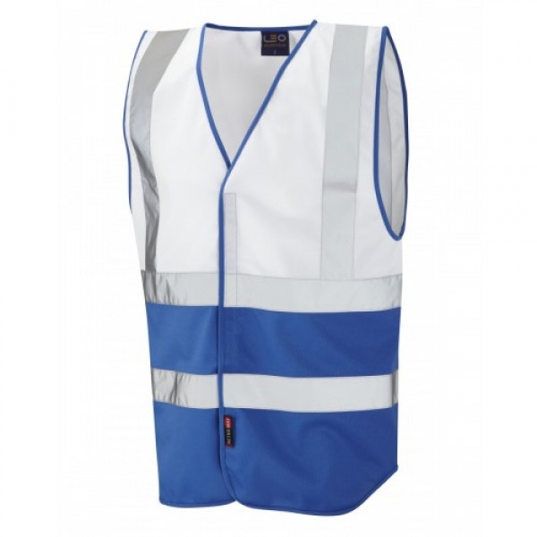 Leo Workwear Pilton White/Royal Blue Hi Vis Reflective Waistcoat